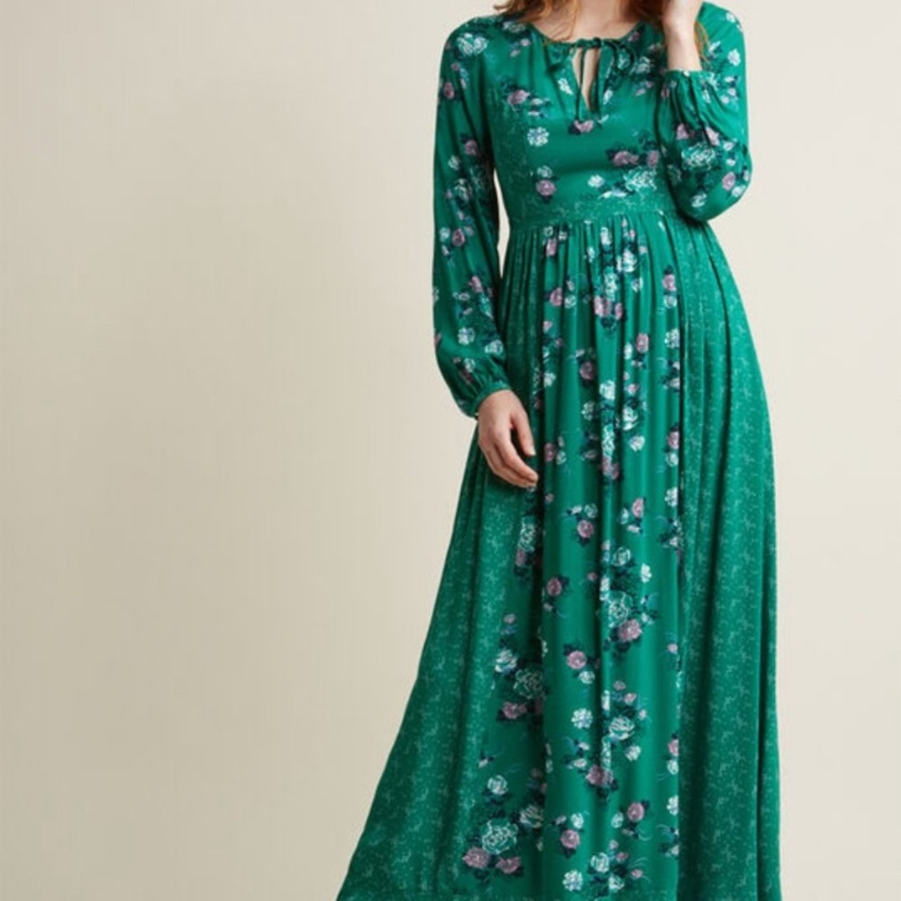 Modcloth Green Floral Long Sleeve Maxi Dress XXS